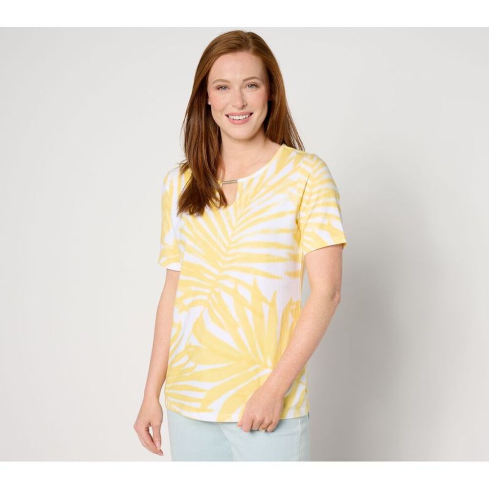 Wacoal Women's Top Sz XS Denim & Co. Favorite Jersey Palm Print Yellow A650520